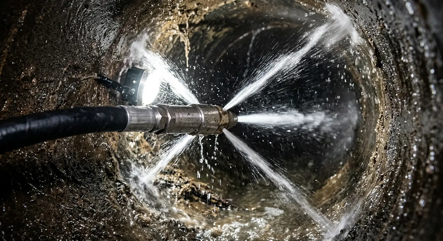 High-pressure hydro jetting nozzle cleaning sewer pipe for Sewer Cleanout in Bourne