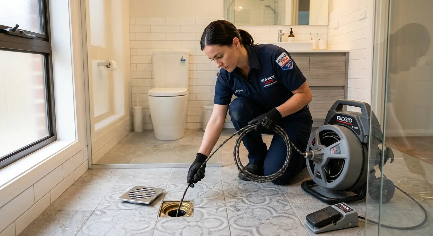 Technician clearing a bathroom floor drain for Sewer Line Replacement in Bourne